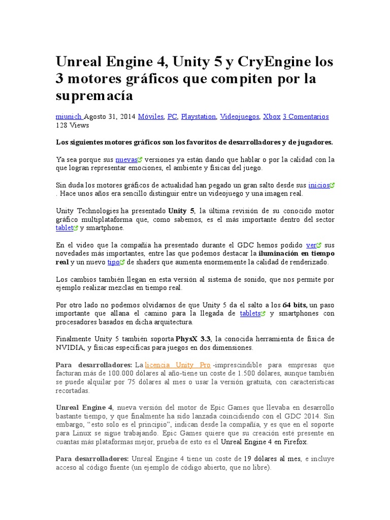 Comparativa de Motores Gráficos 2023 | PDF | Unidad (motor de juego ...