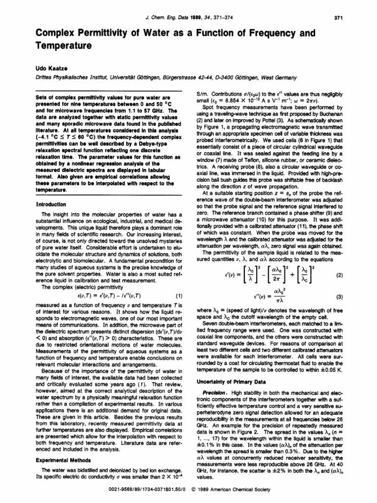 Complex Permittivity of Water As A Function of Frequency and ...