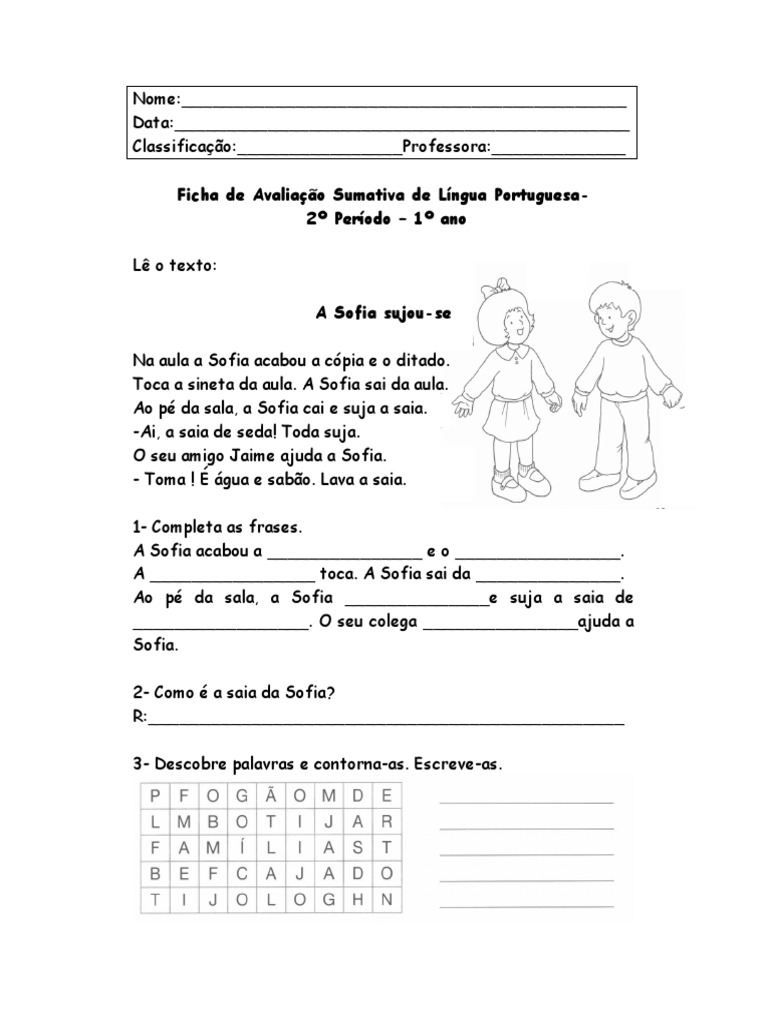 Ficha de Avaliação 1º Ano Português | PDF | Artes Linguísticas e Disciplina