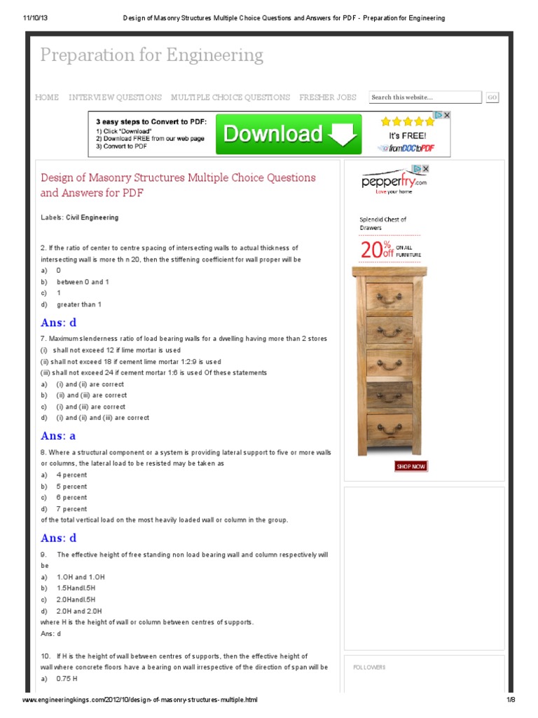 Design of Masonry Structures Multiple Choice Questions and Answers for