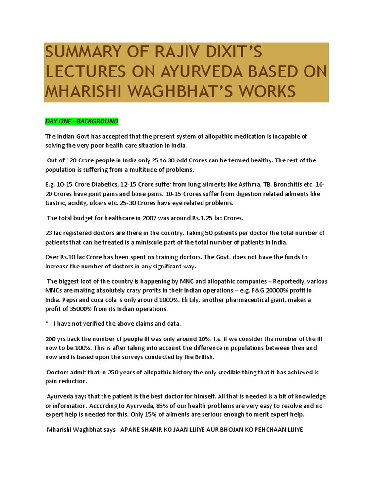 Summary of Rajiv Dixit Ayurveda PDF
