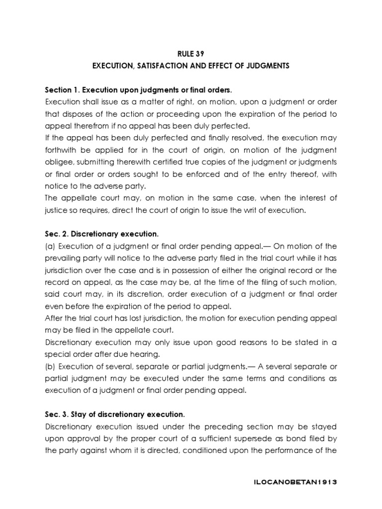 Rule 39: Execution of Judgments | PDF | Garnishment | Judgment (Law)