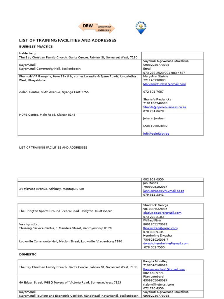 List of Training Facilities and Addresses | PDF | Career & Growth