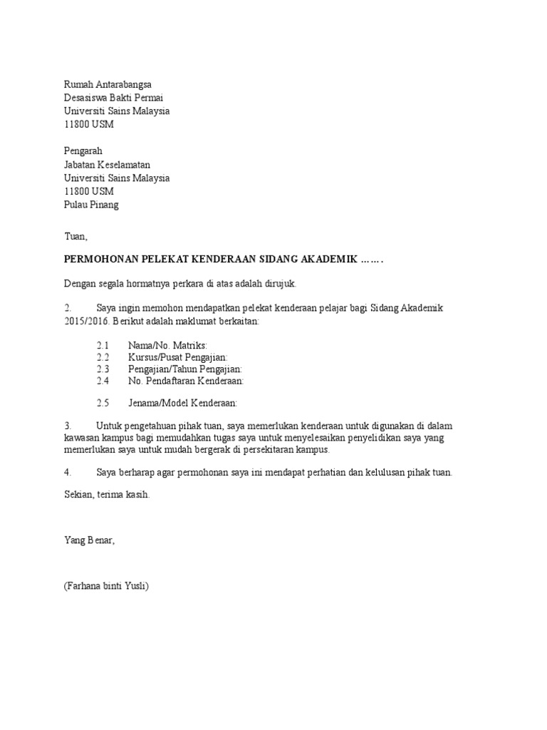 Surat Rayuan Pelekat Kereta Pdf