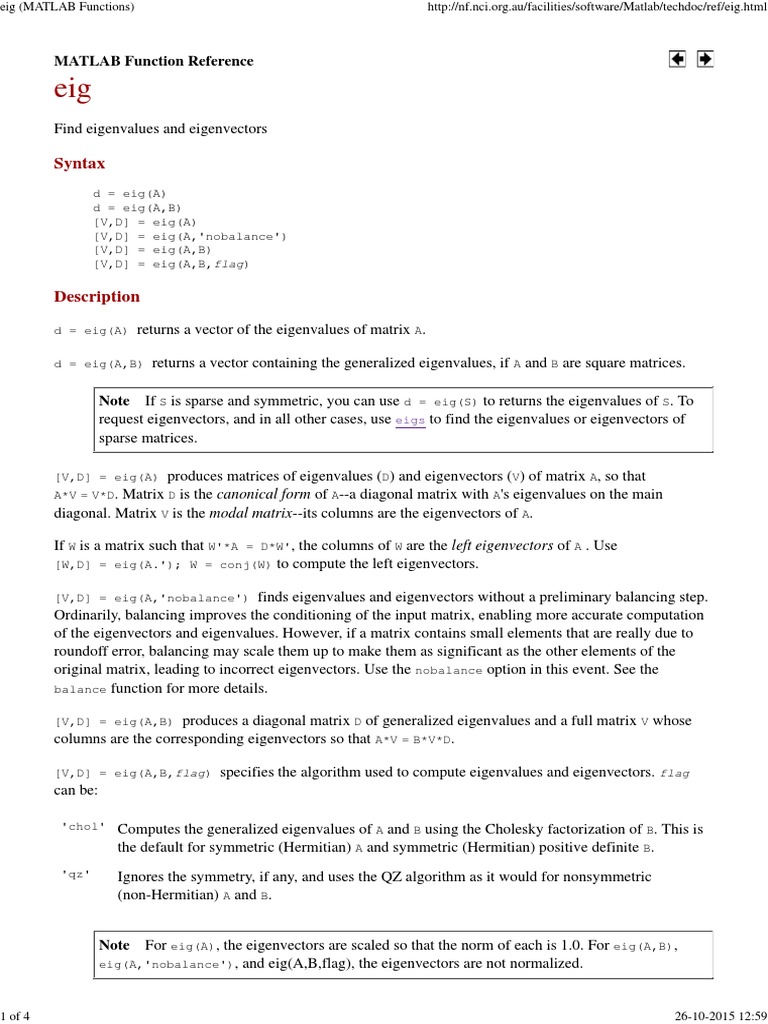 Eig (MATLAB Functions) PDF Eigenvalues And Eigenvectors Matrix
