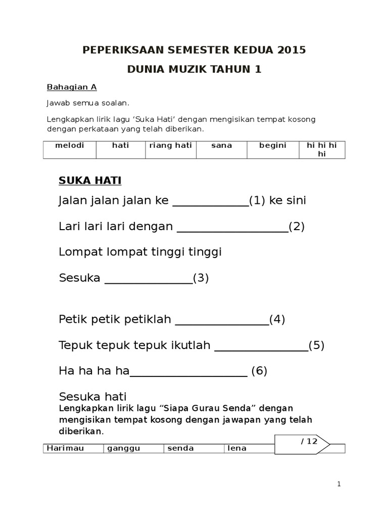 Soalan Muzik Tahun 1 Sem 2