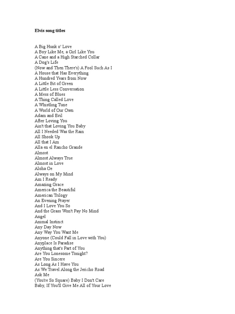 Elvis song titles | Elvis Presley | Leisure