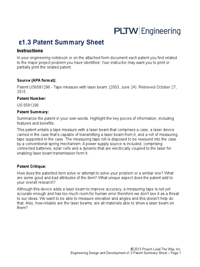 Patent 3 - Cole - E1 3 Patent Summary Sheet | PDF
