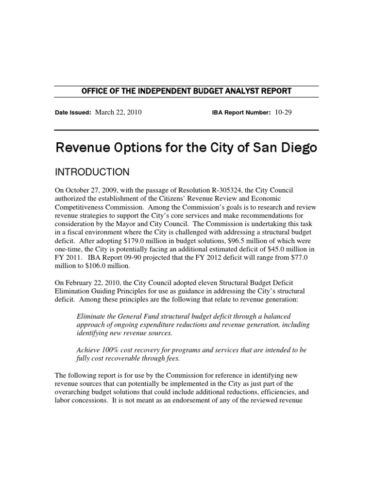 Revenue Options For The City of San Diego | PDF | Clean Water Act | Taxes