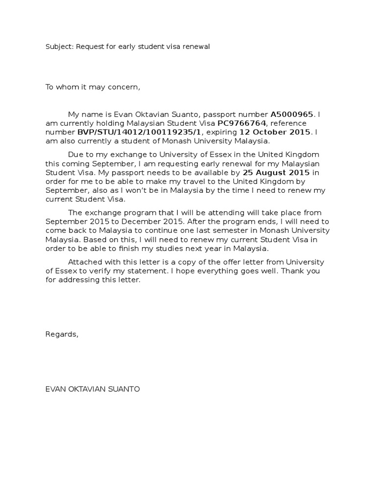Early Visa Renewal Request Letter Travel Visa Document