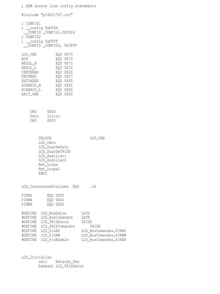 Configuración de LCD en ASM para PIC | PDF | División (Matemáticas) | Poco