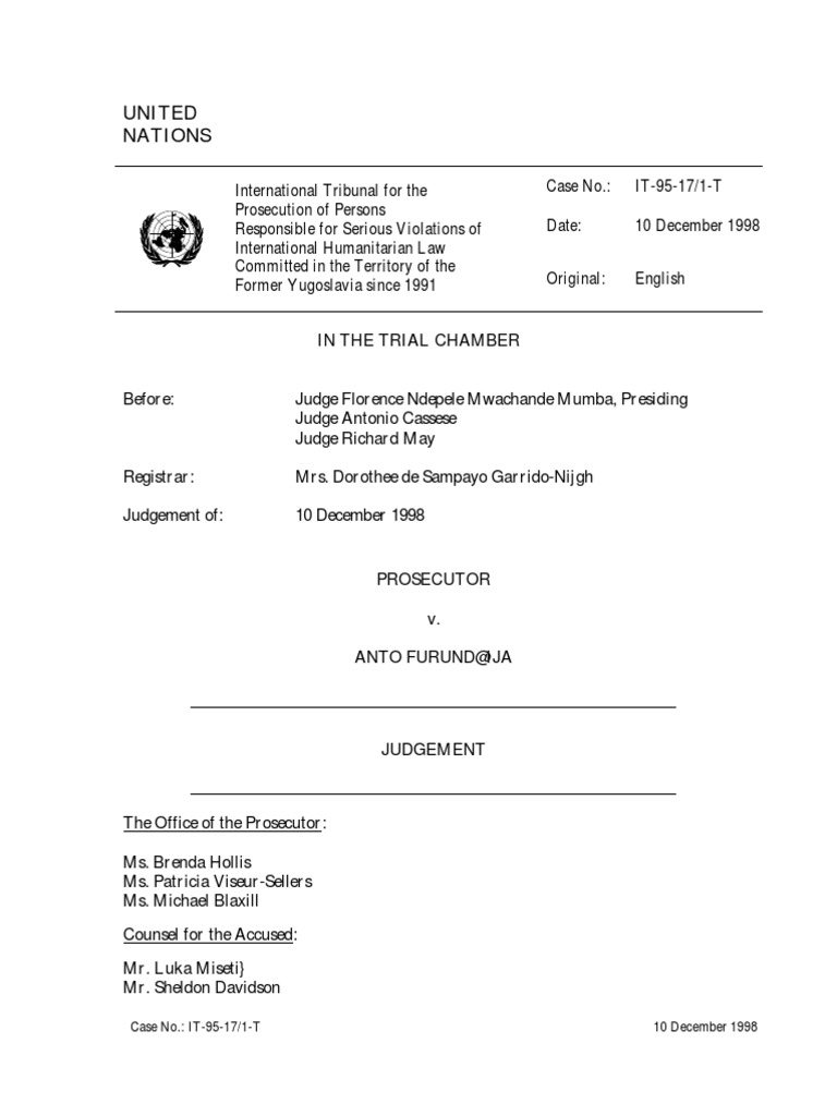 ICTY, Prosecutor V Anto Furundžija (Judgement) IT-95-171-T (1998) | PDF ...
