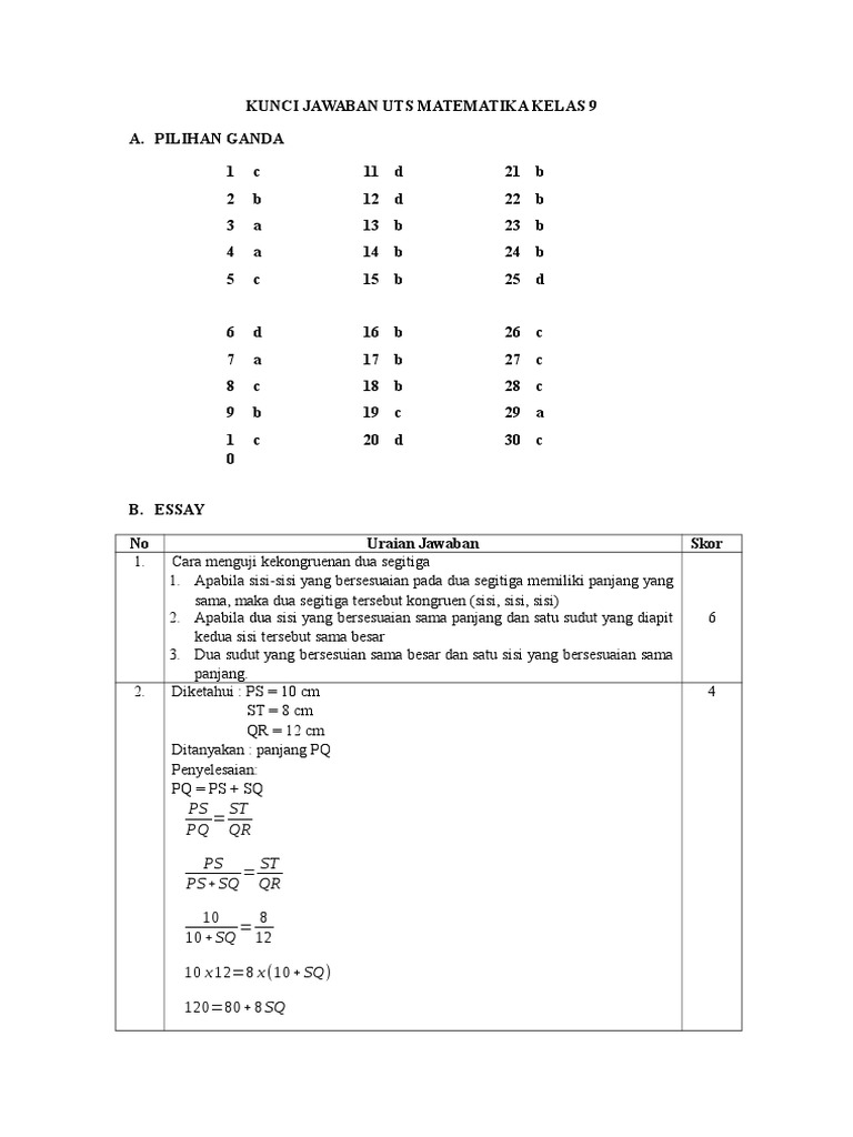 Kunci Jawaban Uts Matematika Kelas 9