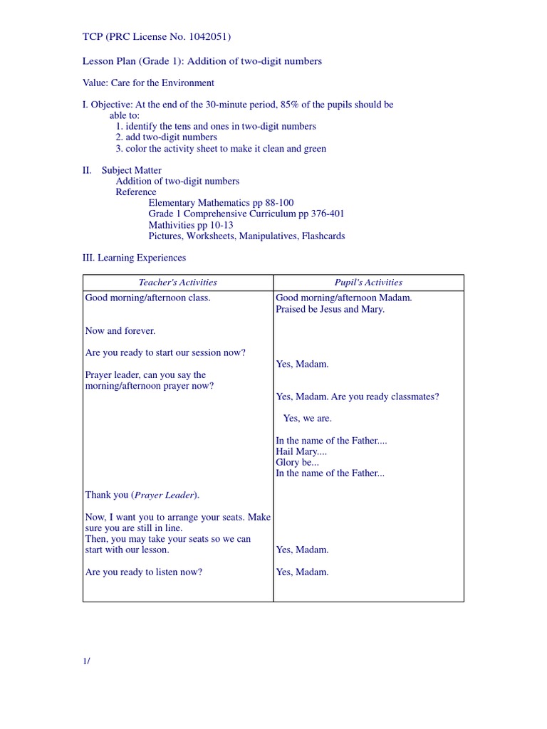 Grade 1 Two-Digit Addition Lesson Plan | PDF | Lesson Plan | Pedagogy