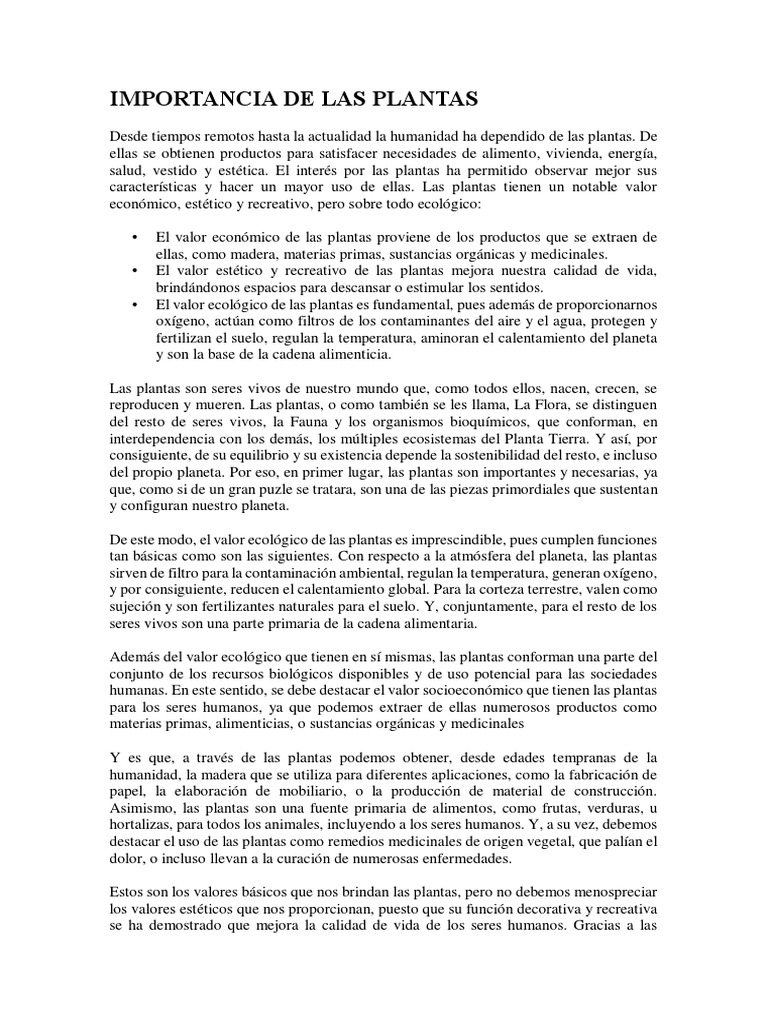 Importancia De Las Plantas Pdf Plantas Ecología