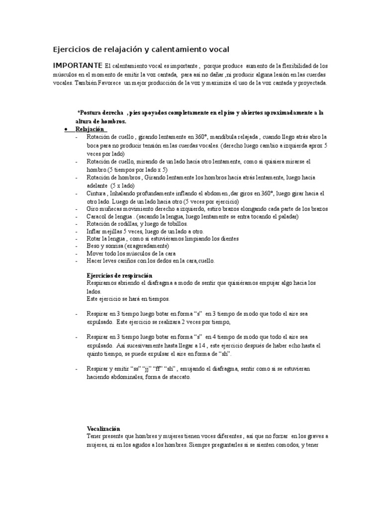 Ejercicios de Calentamiento Vocal | PDF | Respiración | Vocal