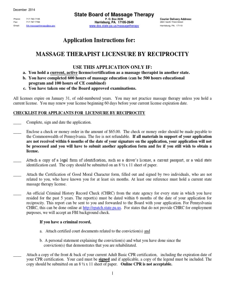 PA Massage Therapist License Application | PDF | Licensure | Government