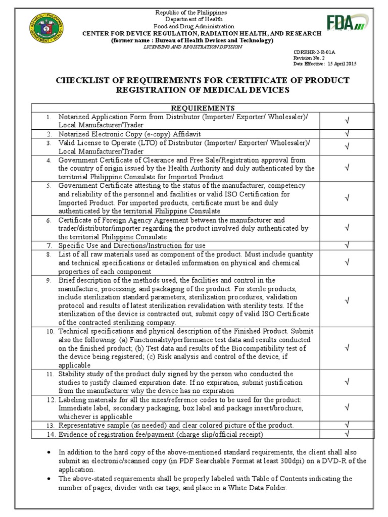 Checklist CPR Medical Device Medical Device Sterilization