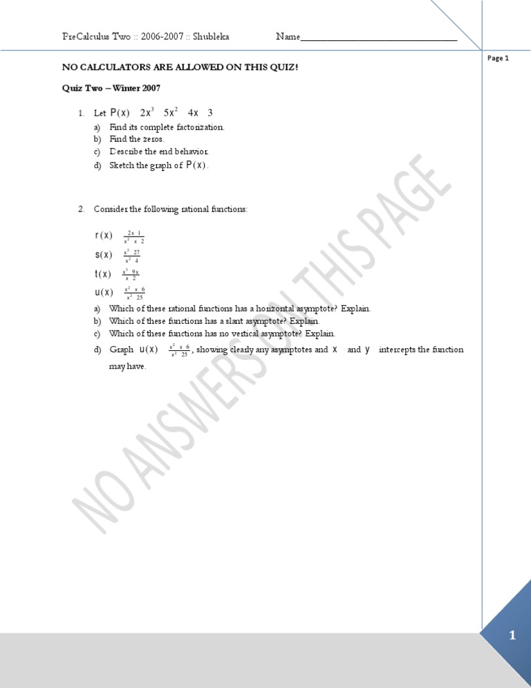 PreCalculus Quiz: Functions & Graphs | PDF