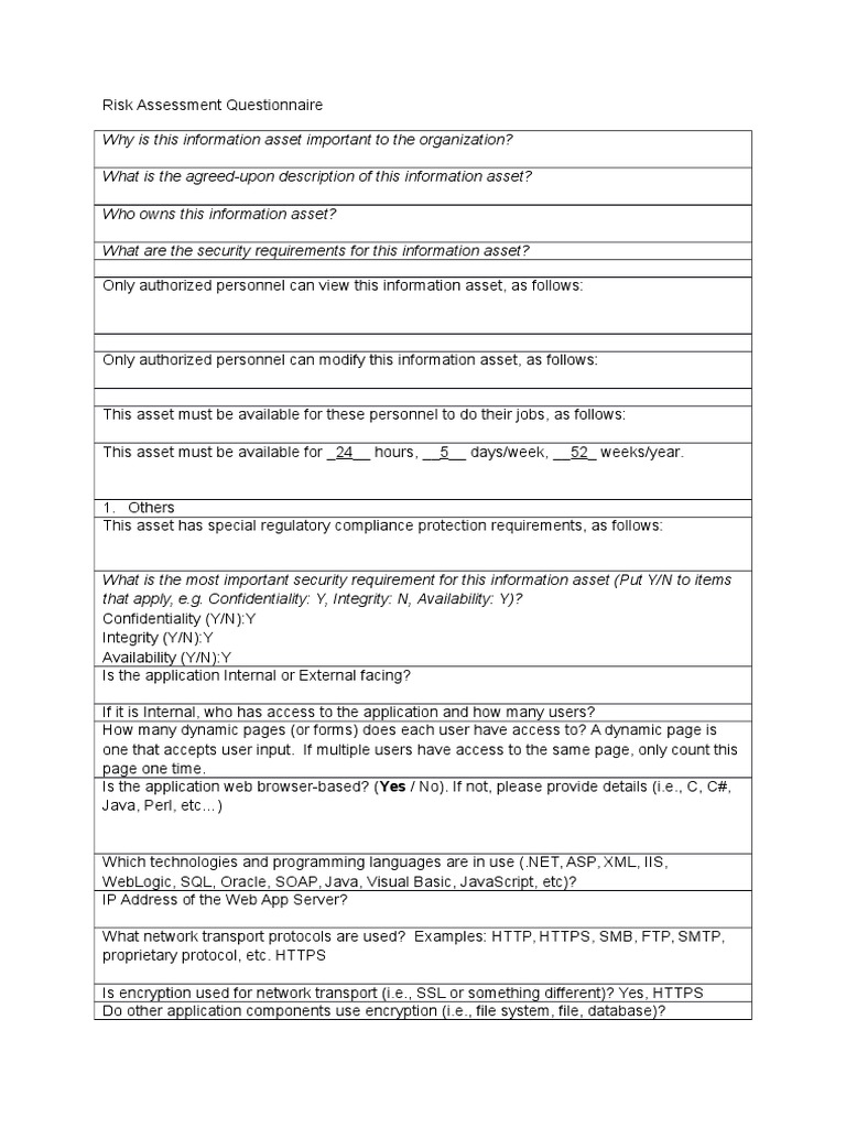 Application Risk Assessment Questionnaire | Web Application | World ...