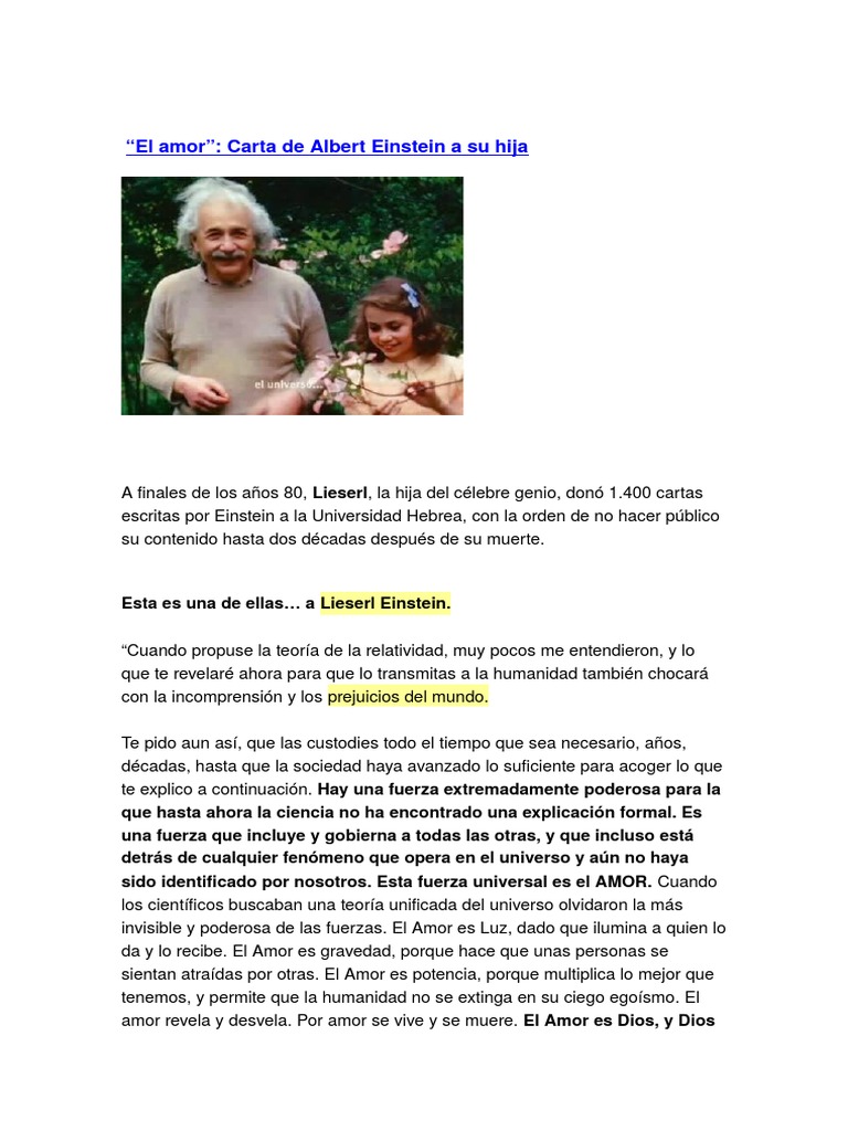 Albert Einstein y El Amor Carta A Su Hija Lierserl PDF Albert Einstein Amor