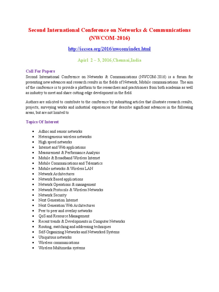 NWCOM-2016: Call for Papers on Networks | PDF
