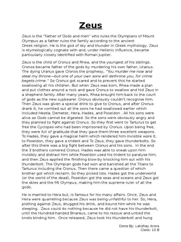 Zeus PDF Zeus Greek Mythology