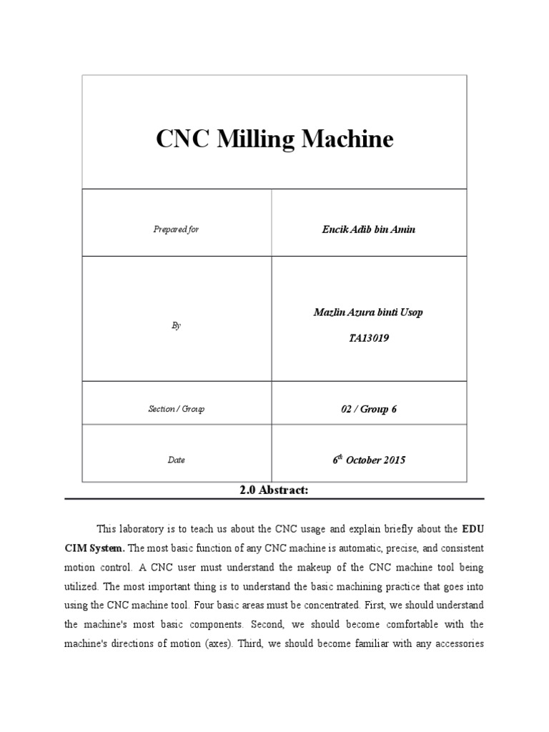 CNC Milling Machine REPORT Numerical Control Machining
