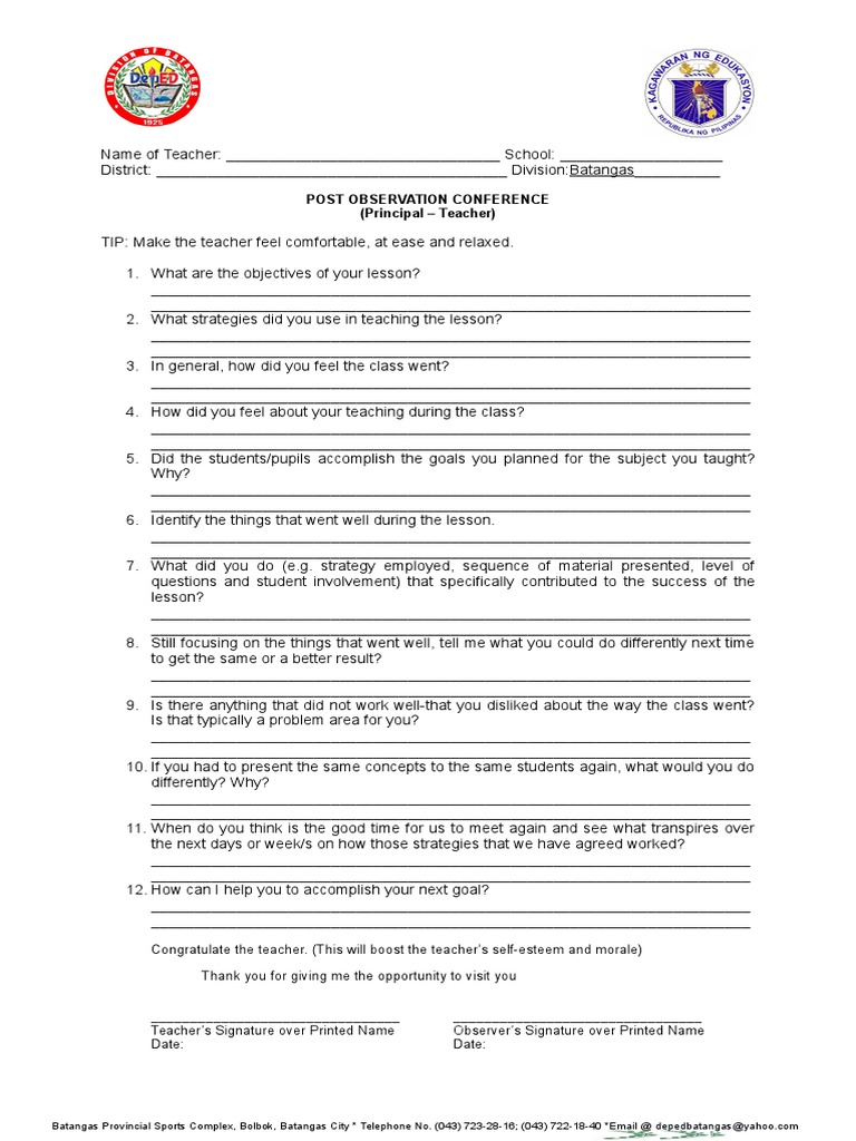 Post Observation Conference Guide | PDF | Teachers | Behavior Modification