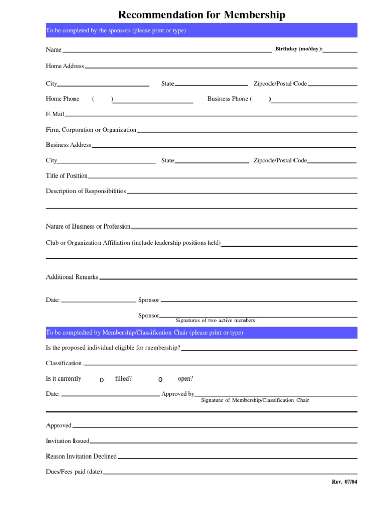 Membership Recommendation Form | PDF