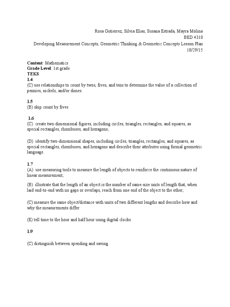 1st Grade Math Lesson Plan | PDF | Shape | Rectangle