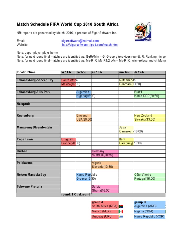 FIFA World Cup 2010 Match Schedule Calendar v2 Big | PDF | Fifa World