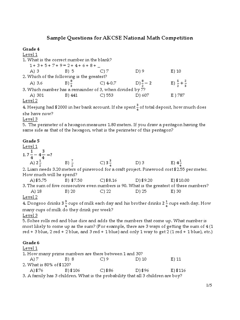 Sample Questions For AKCSE National Math Competition: Grade 4 | PDF ...