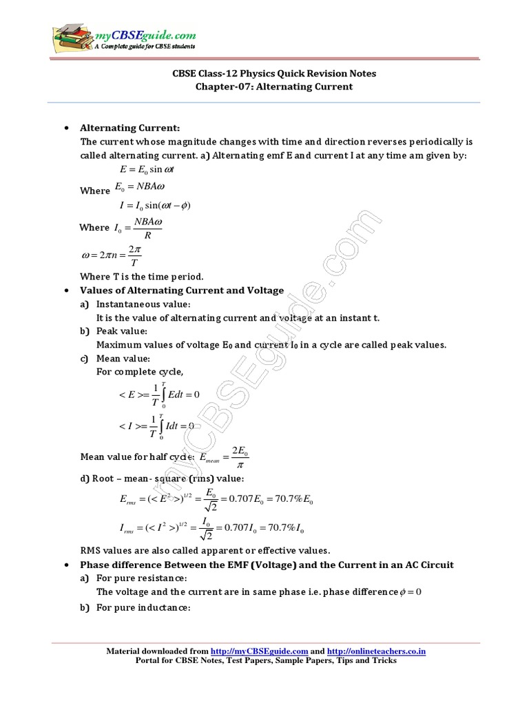Class 12 Alternating Current Notes | PDF | Inductor | Electrical Impedance