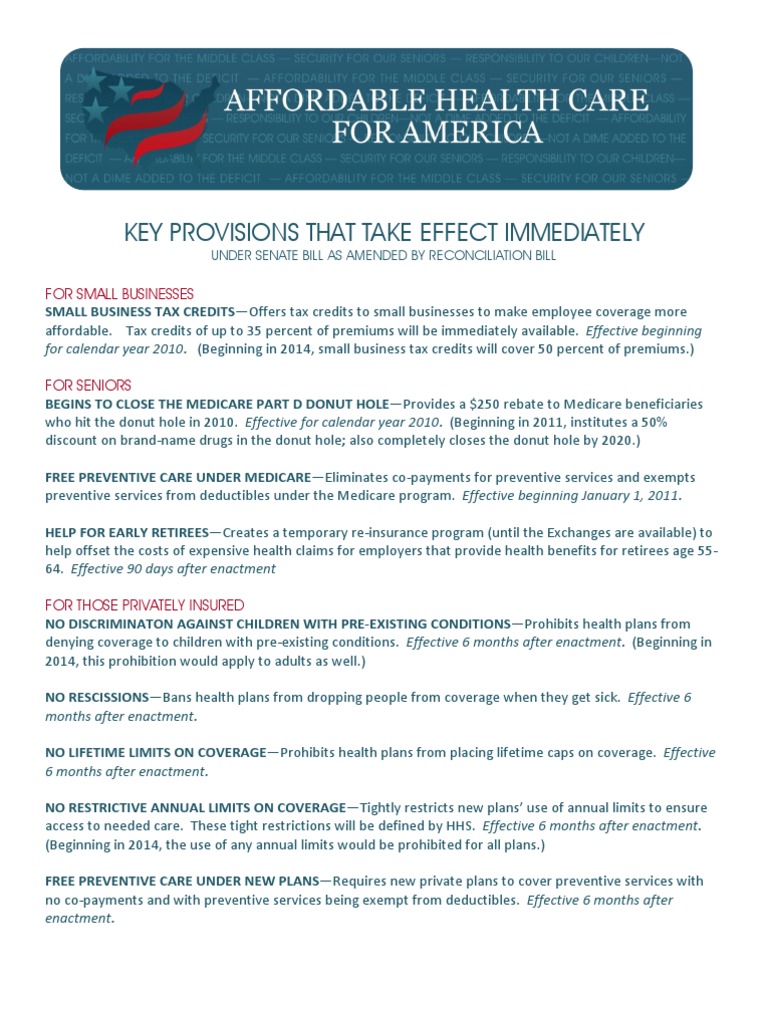 Key Provisions of Senate Bill 2010 | PDF | Medicare (United States ...