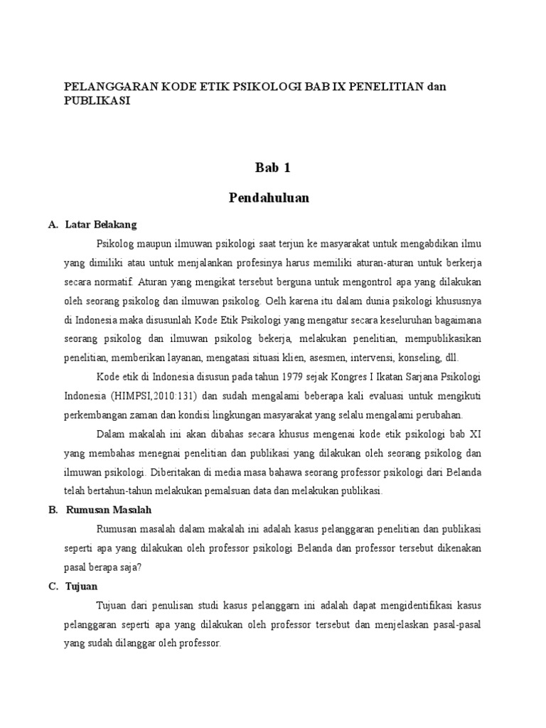 Pelanggaran Kode Etik Psikologi Bab Ix Penelitian Dan Publikasi Pdf