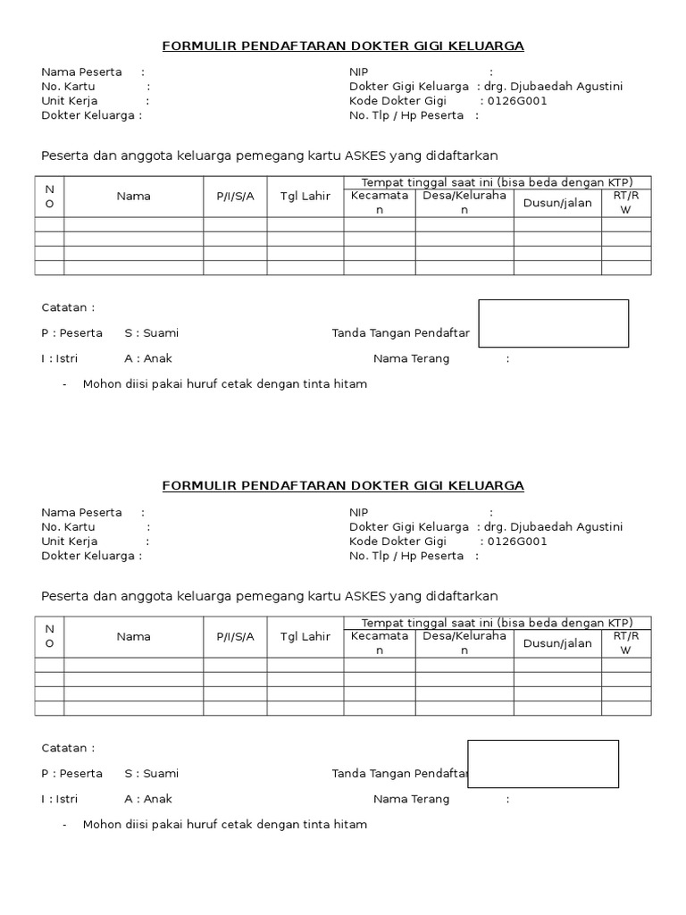 Formulir Pendaftaran Dokter Gigi Keluarga