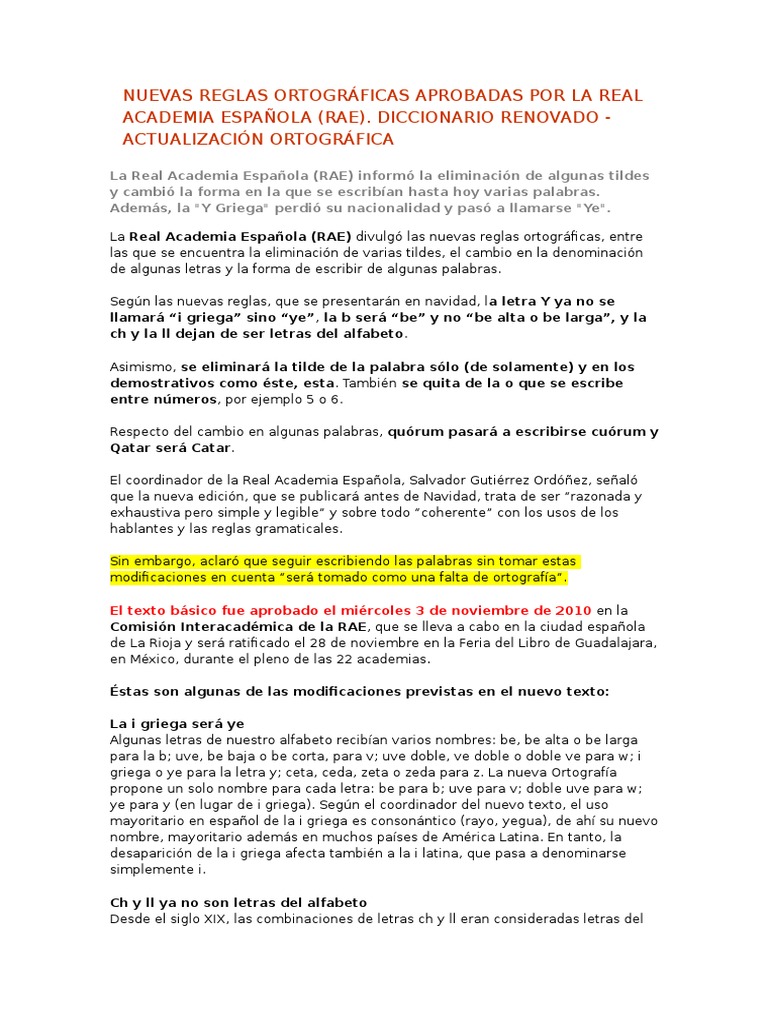 Nuevas Reglas Ortográficas de La Rae Ortografía Alfabeto