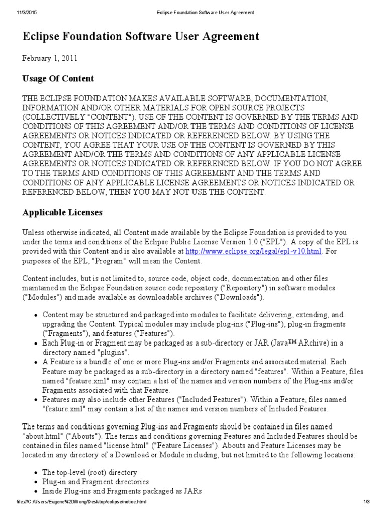 Eclipse Foundation Software User Agreement | PDF