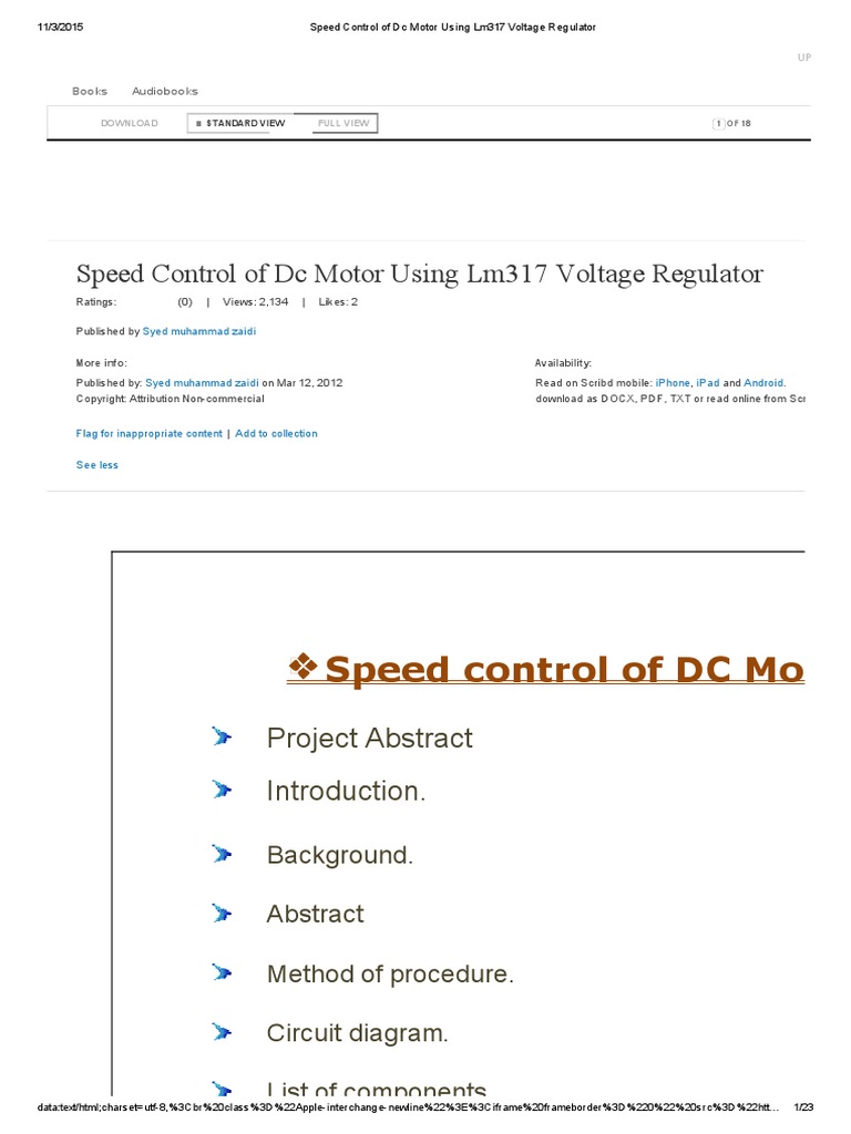 Speed Control of DC Motor Using Lm317 Voltage Regulator | PDF ...