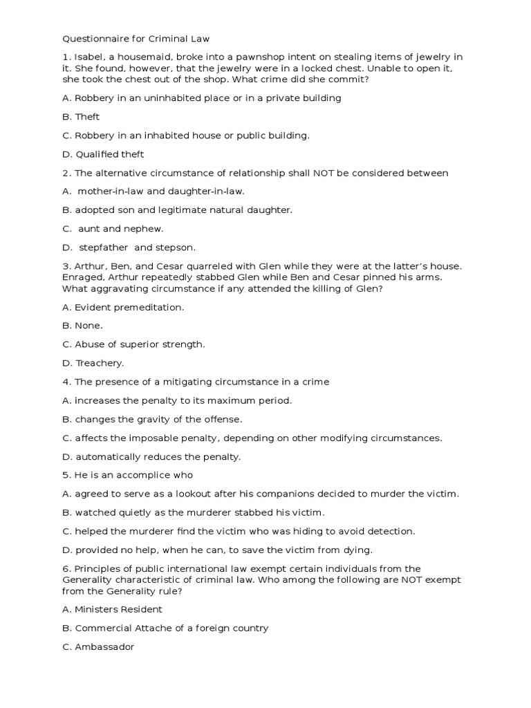 Bar Examination Questionnaire for Criminal Law Defamation Murder