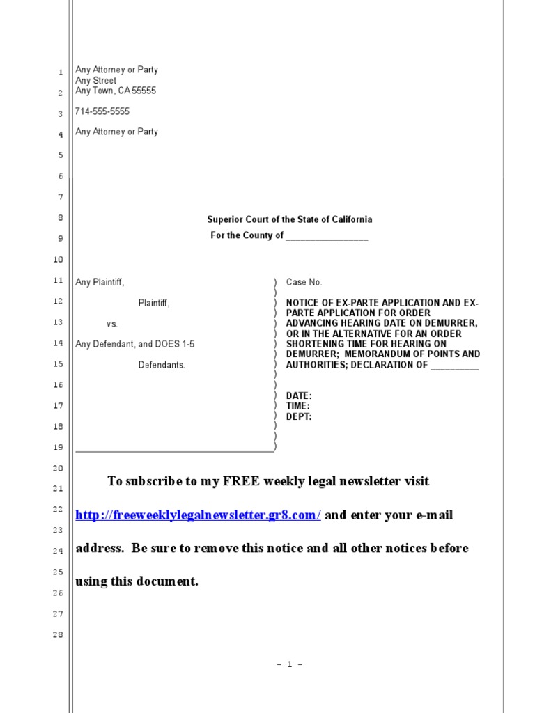 Sample Ex-Parte Application To Advance Hearing Date in California