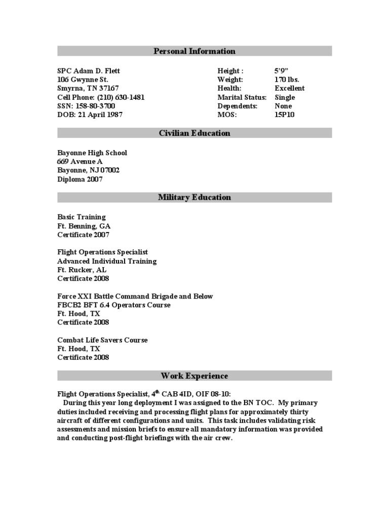 SPC Adam Flett: Military Profile & Experience | PDF | Military ...