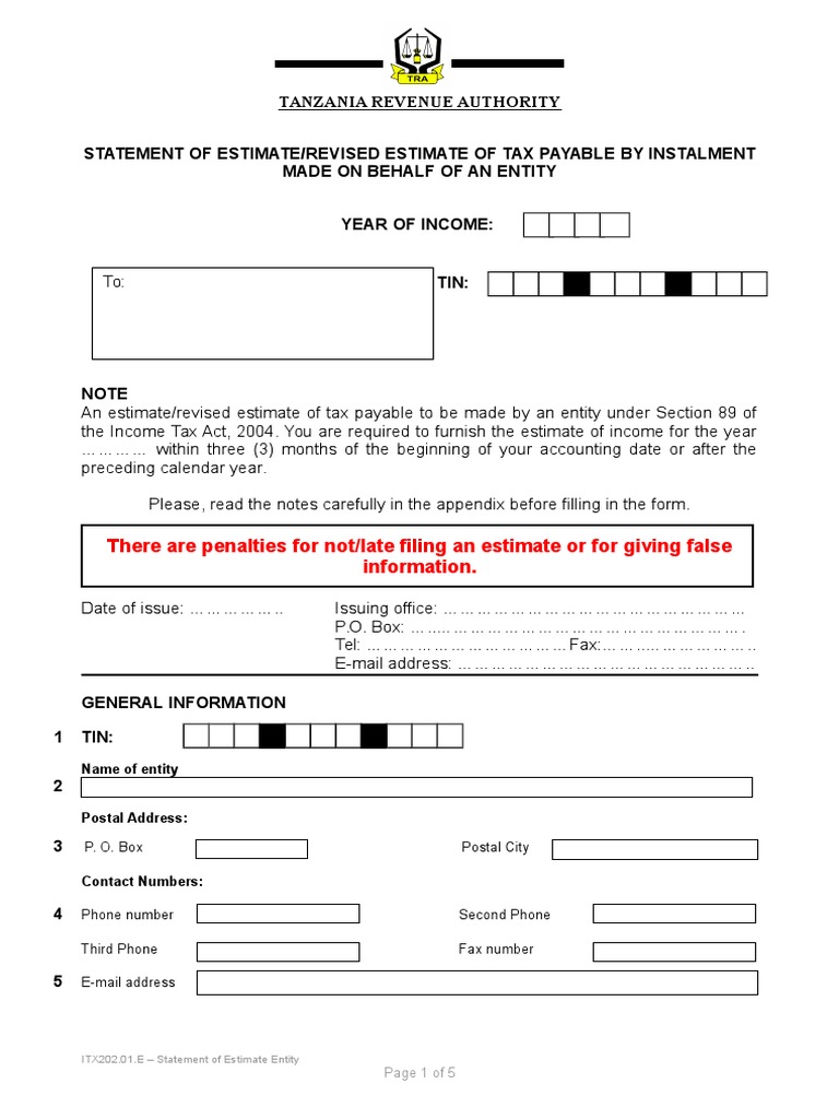 TIN Application Statement of Estimate (Entity) Withholding Tax
