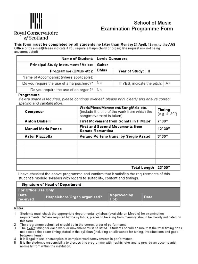 Music Examination Programme Submission | PDF