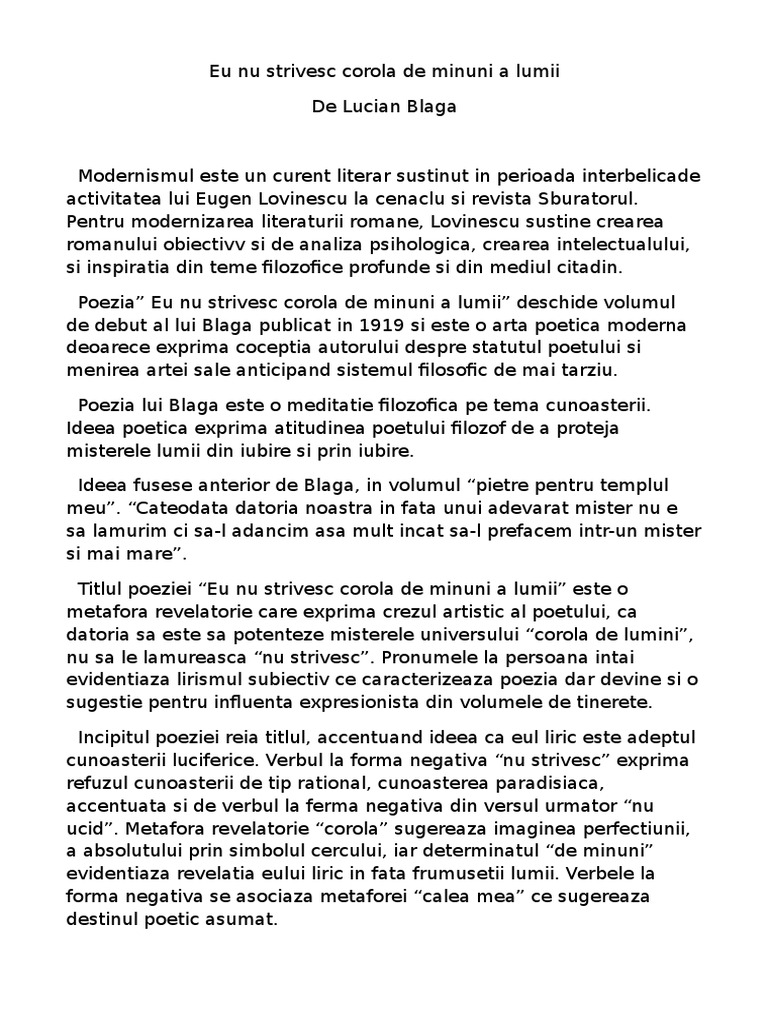 Eu Nu Strivesc Corola De Minuni A Lumii Lucian Blaga