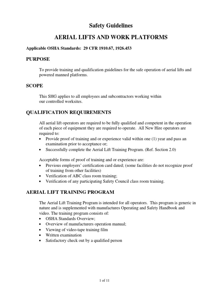 Osha Aerial Lifts and Work Platforms Training & Quiz PDF Elevator