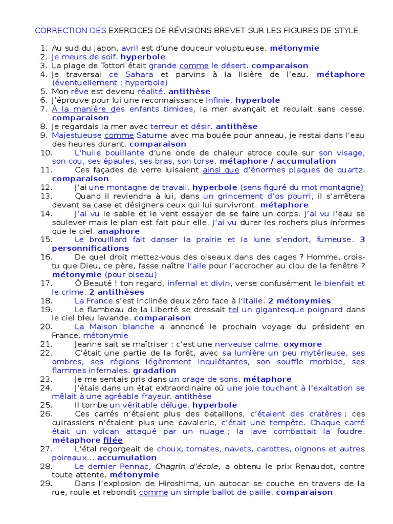 Figures De Style Exercices Pdf Exercices de Revisions Brevet Sur Les Figures de Style - Copie