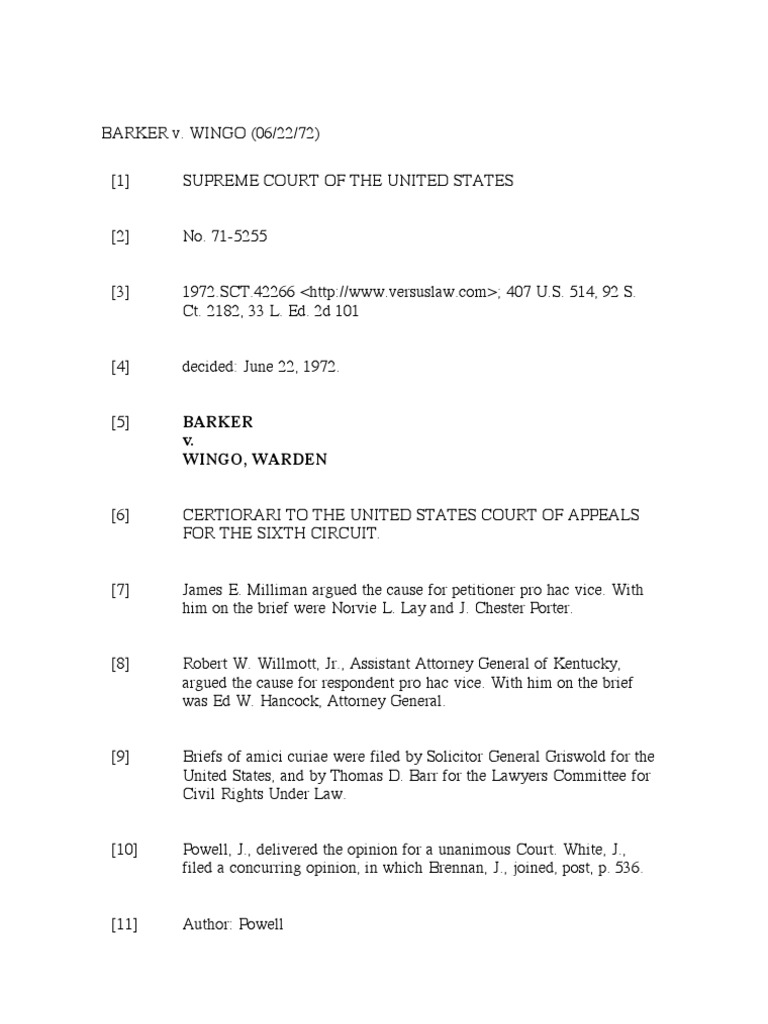 Barker V Wingo (1972) PDF Continuance Sixth Amendment To The United States Constitution