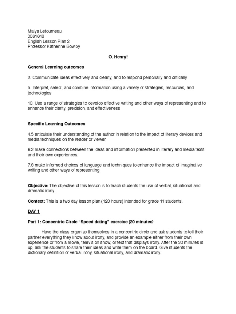 lesson plan 2 - o henry | Irony | Lesson Plan